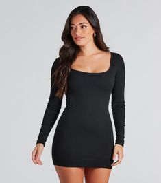 A casual mini dress that's sure to become your fashion muse! The mini-length dress features fitted long sleeves, a scoop neckline, a built-in shelf bra for extra support, and a flattering bodycon silhouette on stretchy rib knit fabric. Complete the look in a moto jacket and boots for day or evening plans!Fit & FeaturesFitted long sleevesScoop necklineBuilt-in shelf braBodycon silhouette, mini-length hemStretchy rib knit fabricRuns true to size Ribbed Bodycon Mini Dress With Scoop Neck, Fitted Ribbed Mini Dress With Scoop Neck, Trendy Bodycon Mini Dress With Square Neck, Trendy Long Sleeve Ribbed Mini Dress, Trendy Ribbed Long Sleeve Mini Dress, Fitted Mini Dress With Straight Neckline For Fall, Fall Bodycon Dress With Scoop Neck, Sleek Bodycon Mini Dress For Fall, Bodycon Mini Dress With Scoop Neck For Night Out