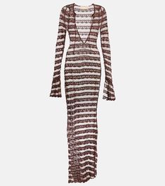 Semi Sheer Lace Maxi Dress in Brown - Aya Muse | Mytheresa Muse Dress, Uzun Boy, Aya Muse, Black Cutout Dress, Cutout Maxi Dress, High Fashion Outfits, Lace Outfit, Extra Long Sleeves, Cotton Maxi