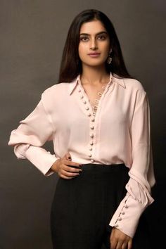 Shop for Jasmine Bains Pink Cupro Georgette Cuff Sleeves Shirt for Women Online at Aza Fashions Stylish Kurtis Design, Buttoned Shirt, Kaftan Style, Georgette Tops, Moon Photography, Business Shirts, Jumpsuit Fashion, Black Ruffle, Indian Design