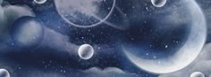 an artistic painting of planets floating in the sky, with clouds and stars around them