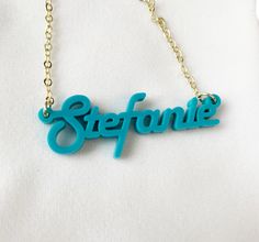 "Acrylic Name Necklace with 14k Gold Chain. Personalized Jewelry, Custom Name Jewelry, Personalized Gift, Mothers Day Gift, Gift for Mom, Gifts. Name or Word Necklace. Stand out with these vibrant color name necklaces. ❤️HOW TO ORDER: ♥︎Choose Length ( Pendant is included in chain length. The Necklace is opened and laid straight and necklace length is measured end to end) ♥︎ In Personalizing box, enter desired name or word ❤️ADDITIONAL INFORMATION: ♥︎14K Gold Plated Cable Chain 2mm Thick (0.07 I Personalized Custom Name Necklace Gift, Personalized Blue Jewelry For Mother's Day, Personalized Blue Necklaces For Valentine's Day, Blue Personalized Necklace For Valentine's Day, Personalized Blue Necklace For Valentine's Day, Adjustable Name Necklace As Gift, Adjustable Name Necklace For Gift, Personalized Name Necklace Gift, Personalized Necklaces For Bridesmaid Gift