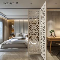 the interior of a modern bedroom with an intricate design on the wall and bed in the foreground