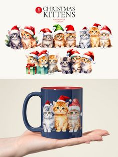 a hand holding a coffee mug with kittens wearing christmas hats on it and the same photo