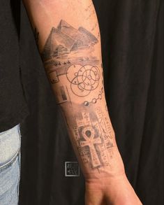 Egypt pyramid tattoo,, ankh cross, egypt mythology tattoo, full arm tattoo, tattoo artist Atelier Milie, realism tattoo Egypt Mythology, Art Tattoo, Egypt, Tattoo Designs