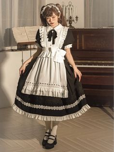 Black High Waist One Piece Maid Style Dress with Detachable Apron Long/Short Sleeves Version Sell Dresses, Op Dress, Black Short Sleeve Dress, Black Dress With Sleeves, Maid Outfit, Maid Dress, Apron Dress, Cream Dress, Lolita Dress