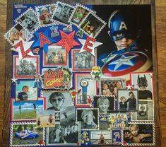 a collage of captain america pictures is displayed on a wooden table with other photos