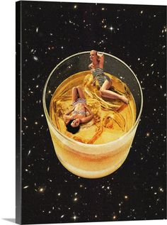 two women floating in a bowl of liquid on top of stars, with one woman laying down and the other standing up