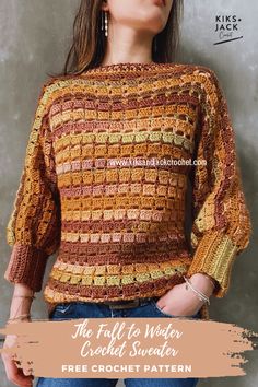 a woman wearing a crochet sweater with the words, the fall to winter croche