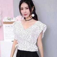 V-Neck Polka Dot Printed Short Sleeve Ruffles Blouse Shirt – Nada Outfit Land Trendy Polka Dot V-neck Top, Polka Dot V-neck Top With Ruffles, Polka Dot Ruffled V-neck Top, Ruffles Blouse, Lace Up Blouse, Casual Blouse Shirts, Sleeve Ruffles, Shirts Short Sleeve, Polka Dot Design