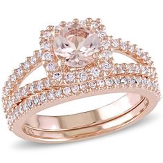 a rose gold wedding ring set with an oval cut morganite surrounded by round diamonds