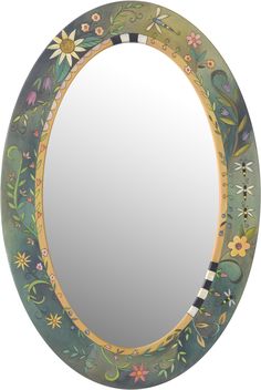 Oval Mirror –  Beautiful floral motif with bees flying about Mirror Frame Painting Ideas, Floral Mirror Frame, Unique Mirror Frame, Wooden Mirrors, Diy Mirror Wall Decor, Painting Mirror Frames, Painted Mirror Art, Boho Eclectic Decor, Painted Things