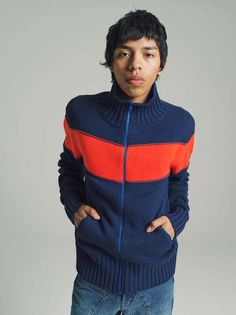 Navy & orange knit track jacket.    cotton    model wears size Orange Knit, Black Tank Dress, Black Aviators, Neon Purple, Norse Projects, Boyfriend Tee, Designer Clothes For Men, Engineered Garments, Ruched Dress