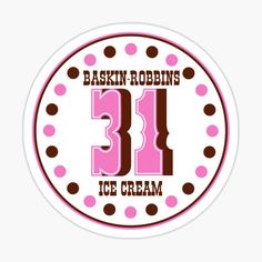 an ice cream sticker with the number 31 in pink, brown and white polka dots