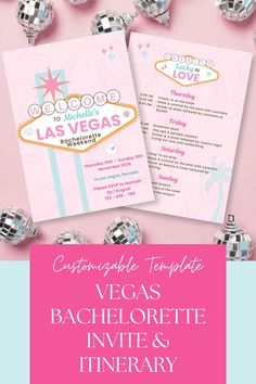 the las vegas bachelor party is set up with pink and blue decorations, silver foiled balloons