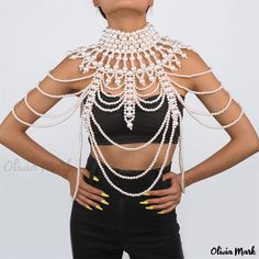 Olivia Mark - Enchanting Vintage Patchwork Tassel Accent Pearl Body Chain, Unique Wedding Jewelry, Shoulder Jewelry, Shoulder Necklace, Chain Bra, Dance Accessories, Body Chains, Chain Top, Tassel Jewelry