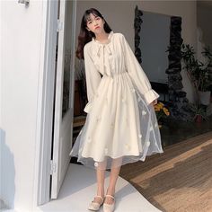 Material: COTTON,Grid,,Polyester,Chiffon S: Length - 102cm/ Shoulder - 36cm/ Bust - 91cm/ Waist - 68cm/ Sleeve - 57cm M: Length - 103cm/ Shoulder - 37cm/ Bust - 93cm/ Waist - 72cm/ Sleeve - 58cm L: Length - 104cm/ Shoulder - 38cm/ Bust - 95cm/ Waist - 76cm/ Sleeve - 59cm XL: Length - 105cm/ Shoulder - 39cm/ Bust - 97cm/ Waist - 80cm/ Sleeve - 60cm Beige Chiffon Dress For Spring, Cream Chiffon Long Sleeve Dress, Beige Flowy Long Sleeve Chiffon Dress, Cream Chiffon Spring Dress, Spring Cream Chiffon Dress, White Sheer Chiffon Dress For Spring, Sheer Chiffon Dress For Spring, Casual Cream Chiffon Dress, Spring Apricot Chiffon Dress