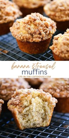 muffins cooling on a wire rack with text overlay that reads, banana streusel muffins