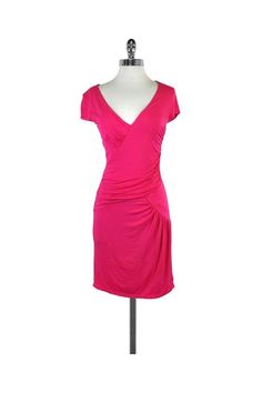 Current Boutique-BCBG Max Azria - Pink Gathered Short Sleeve Dress Sz S Spring Dresses With Ruched Sides In Elastane, Spring Dresses With Ruched Sides, Pink Ruched Elastane Dress, Pink Stretch Dress With Ruched Bodice, Pink Stretch Ruched Dress, Short Sleeve Ruched Elastane Dresses, Chic Pink Dress With Gathered Waist, Casual Ruched Elastane Dress, Casual Pink Dress With Ruched Bodice