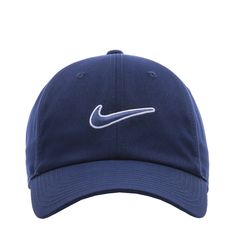 the nike hat is blue and has a white swooish on the front side