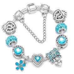 Trendy Alloy Beaded Bracelets, Blue Heart Charm Jewelry For Friendship, Removable Charms Bracelet, Jewelry Making Bracelet With Removable Charms, Trendy Alloy Jewelry With Charms, Trendy Alloy Bracelets For Gifts, Trendy Alloy Bracelets As Gift, Trendy Silver Necklaces With Removable Charms, Trendy Silver Charm Necklaces With Removable Charms