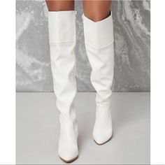 Slouchy Boot Side Zipper Round Toe Sizing Up Recommend Casual White Knee-high Boots With Round Toe, White Wide Calf Knee-high Boots For Fall, Chic White Boots With Wide Calf, Chic White Wide Calf Boots, White Knee-high Boots For Fall, White Wide Calf Knee-high Boots For Spring, White Leather Knee-high Boots With Wide Calf, White Leather Wide Calf Knee-high Boots, White Faux Leather Knee-high Boots For Fall