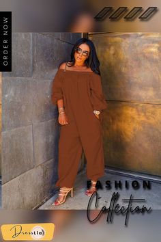 Stylish Solid-color Long Sleeved Off-the-shoulder Jumpsuit Chic Off-shoulder Jumpsuits For Fall, Chic Off-shoulder Jumpsuits And Rompers For Fall, Long Sleeve Brown Jumpsuits And Rompers For Summer, Summer Long Sleeve Brown Jumpsuits And Rompers, Jumpsuits And Romper, Color Pick, Jumpsuit Fashion, 1 Million, Off The Shoulder