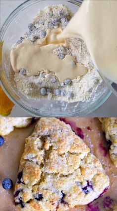 blueberry muffins with butter on top are shown in three different photos and one has