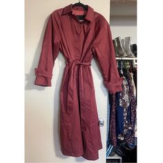 London Towne Vintage Maroon Belted Button Up Trench Coat Duster Sz 14 This Fabulous Duster Trench Is A Maroon / Warm Plum / Dusty Rose Color Is Excellent Used Condition, I Can Find No Signs Of Wear Or Missing Buttons. The Lining Is Exceptional With Vibrant Plaid, This Type Of Plaid Always Makes Me Think Of Vivienne Westwood And These Types Of Vintage Trench Coats Also Make Me Think Of Where In The World Is Carmen San Diego?! To My Understanding The Jacket Itself Is Washable But The Zip Out Linin Purple Button-up Outerwear For Work, Purple Long Sleeve Outerwear For Office, Classic Purple Outerwear With Buttons, Purple Buttoned Workwear Outerwear, Purple Buttoned Outerwear For Work, Purple Outerwear With Button Closure For Work, Purple Button-up Outerwear With Button Closure, Purple Button-up Outerwear, Purple Single-breasted Outerwear For Work