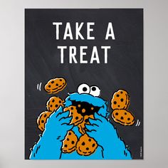 a poster with an image of cookie monster eating cookies