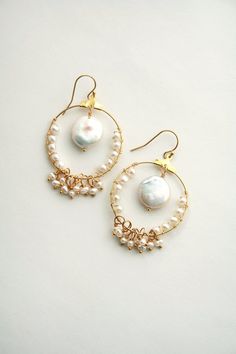 Coin Pearl Earrings, Bohemian Wedding Earrings, Boho Bride, Pearl Earrings Upcycle Round Pearl Earrings, Handmade Pearl Hoop Earrings For Weddings, White Pearl Charm Hoop Earrings For Wedding, White Hoop Earrings With Pearl Charm For Wedding, Bohemian Pearl Charm Jewelry For Wedding, White Pearl Drop Chandelier Earrings, Bohemian Pearl Charm Wedding Jewelry, Wedding Hoop Earrings With Dangling Beads, Bohemian Wedding Jewelry With Pearl Charm