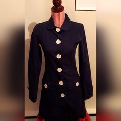 New With Tags! Size Small, Navy Pea / Trench Caor. Cut To Fit A Woman's Figure With Extra Large White Buttons! Beautiful Coat, Middleweight! Good For Chilly Spring Or Fall Nights!! No Smoking Or Pets In The Home! I Will Review All Reasonable Offers! Chic Navy Outerwear With Button Closure, Blue Office Outerwear With Snap Buttons, Navy Button-up Outerwear With Button Cuffs, Preppy Fitted Winter Outerwear, Chic Navy Outerwear With Buttons, Fitted Long Sleeve Outerwear With Buttoned Pockets, Fitted Double-breasted Peacoat With Buttons, Retro Long Sleeve Pea Coat With Buttons, Retro Long Sleeve Pea Coat