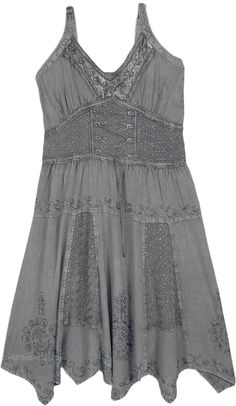 Stone Castle Long Medieval Denim Dress with Heavy Embroidery | Dresses | Grey | Sleeveless, Embroidered, Bohemian Gray Summer Dresses With Spaghetti Straps, Gray Spaghetti Strap Summer Dress, Gray Bohemian Summer Dress, Summer Bohemian Gray Dress, Gray Spaghetti Strap Dresses For Spring, Gray Spaghetti Strap Spring Dress, Grey Dress Casual, Long Grey Dress, Grey Dress Outfit