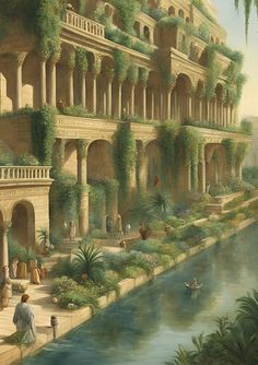 a painting of an old building with people walking by the water and plants growing on it