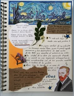 an open notebook with pictures and words on it, including the word vignet van gogh