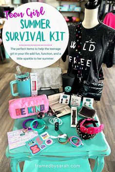 the teen girl summer survival kit is displayed on a table with other items and accessories