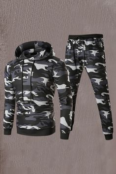 Men Camouflage Print & Drawstring Hoodie Tracksuit Casual Fall Tracksuit For Outdoor, Black Winter Tracksuit For Outdoor, Casual Winter Tracksuit For Outdoor, Casual Black Tracksuit For Outdoor, Winter Tracksuit With Drawstring, Winter Sports Camouflage Hoodie, Hoodie Tracksuit, Men's Sweatshirts, Camouflage Print