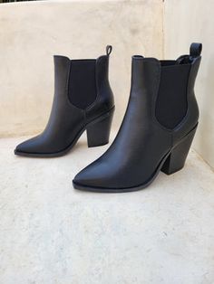 Chic Black Chelsea Boots For Spring, Black Pointed Toe Chelsea Boots For Spring, Trendy Chelsea Boots With Block Heel, Edgy Spring Boots With Stacked Heel, Edgy Stacked Heel Boots For Spring, Trendy High Heel Chelsea Boots For Spring, Trendy High Ankle Chelsea Boots For Spring, Trendy Chelsea Boots With Stacked Heel And Pointed Toe, Trendy Chelsea Boots With Stacked Heel For Spring