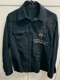 Description Men's XL Monarchy Button Up Shirt FW M 43 Black 100% Cotton Embroidered Very Good Condition  I will list other shipping options that are less expensive if applicable. Some items may be combined for shipping. Please email me to verify prior to bidding. If you are purchasing multiple items please wait for combined invoice prior to sending payment.  All breakable items are wrapped securely in bubble wrap and packed in a way to ensure safe delivery. I use rigid mailers, bubble mailers, a Goth Button Up Shirt, Gothic Button Up Shirt, Black Embroidered Button-up Shirt, Streetwear Button-up Shirt With Snap Buttons, Black Floral Embroidery Button-up Shirt, Designer Clothing Brands, Outfits 2000s, Dream Shoes, Collar Shirts