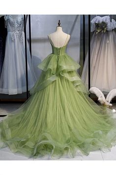 10% off now! stunning green corset prom dress ruffled tulle with straps long train online. Sheprom offers formal, party, casual & more style dresses to fit your special occasions. Green Ball Gown, Tiered Sleeve, 2021 Prom Dresses, Green Corset, Tulle Balls, Green Tulle, Corset Dress Prom, Waist Sash, Ceremony Dresses