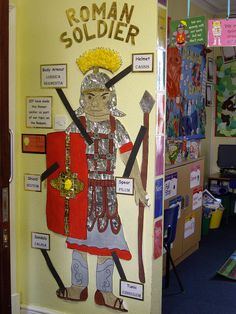 a classroom door decorated with an image of a roman soldier and labeled parts of the body