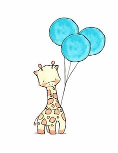 a giraffe holding three blue balloons in its mouth