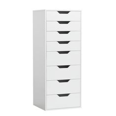 a tall white cabinet with five drawers