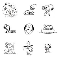 some black and white drawings of dogs in different positions on the same page as well as music notes