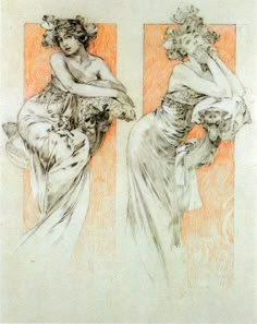 an image of two women in dresses on the same page, one is drawn with colored pencil