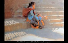 a painting of a woman sitting on the steps with her back to the camera, looking down