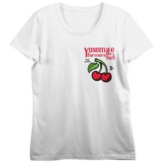 Indulge in a delightful blend of charm and comfort with this women’s white crew neck short sleeve t-shirt. Featuring a charming cherry image paired with “Yosemite Farmers Park” in bold red letters, this tee, crafted from soft cotton, offers a unique custom design. This shirt is perfect for casual outings and easy care with machine wash and tumble dry instructions. Cherry Tshirts, Short Sleeve Graphic Tee With Cherry Print, Cherry Print Short Sleeve T-shirt For Streetwear, Casual Cherry Print T-shirt, Spring White Cherry Print T-shirt, White Crew Neck, Boyfriend T Shirt, Sleeves (women), Tee Shop