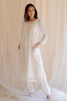 Shop for Nirjara White Zardozi Embroidered Kurta Set for Women Online at Aza Fashions डिजाइनर कपड़े, Kurti Designs Latest, White Kurta, Casual Indian Fashion, Straight Fit Pants, Embroidered Pants, Pants Cotton, Embroidered Neckline, Kurta With Pants