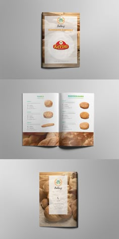 an open brochure with breads on the front and back pages, in three different positions