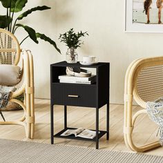 a living room with wicker chairs and a side table