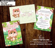 two baby shower cards with an image of a cat in a pink hat on them